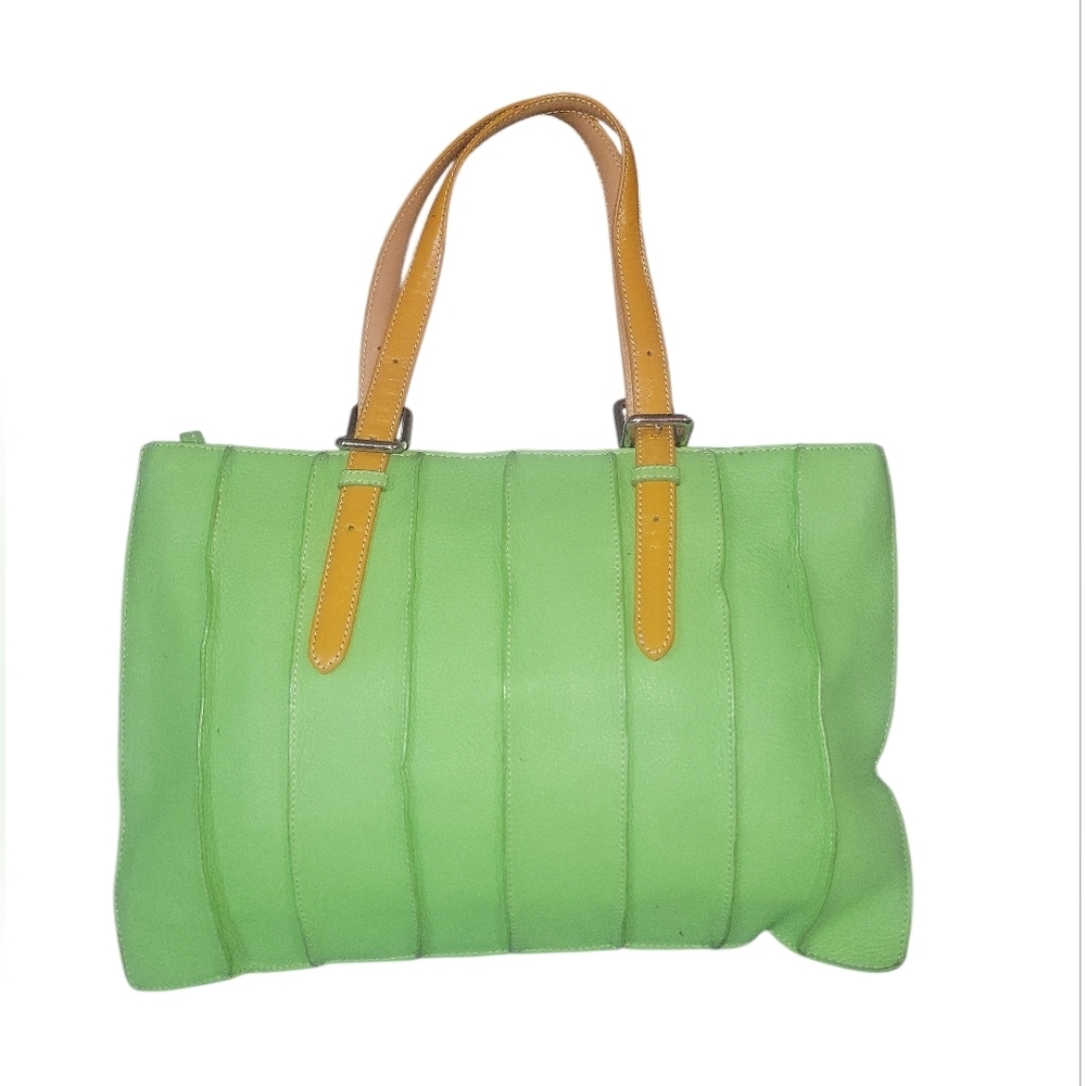 Tusk New York Luxury Leather Vintage Y2K Lime Green & Tan Tote Handbag